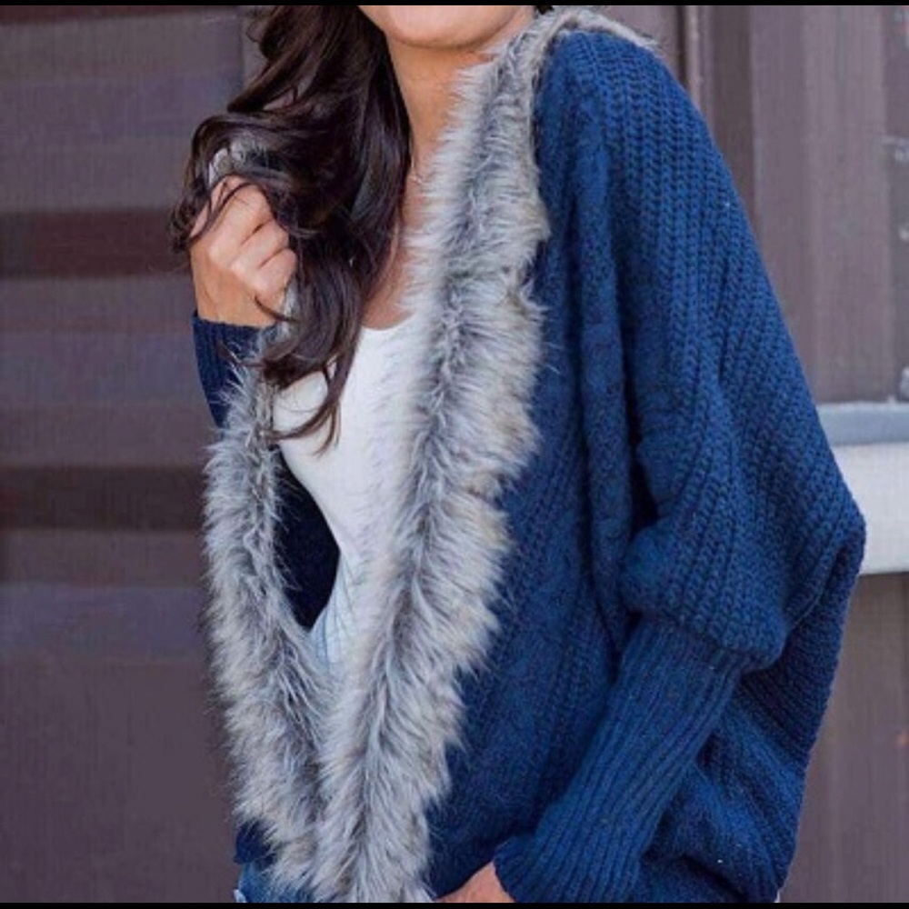 Anthropologie Navy Faux Fur Open Front Sweater